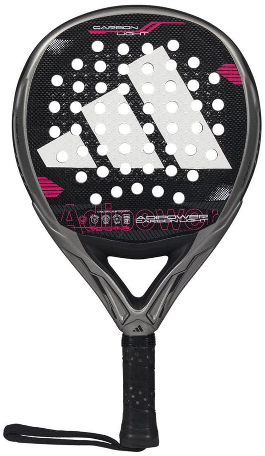 The ADIDAS Adipower Carbon Light 3.4 Padel Racket in silver and pink boasts a sleek design, round head, and prominent logo. Made with Carbon 3K Fibre and featuring a 3D Spin Blade Mold surface with holes, it includes a black handle with a secure strap.