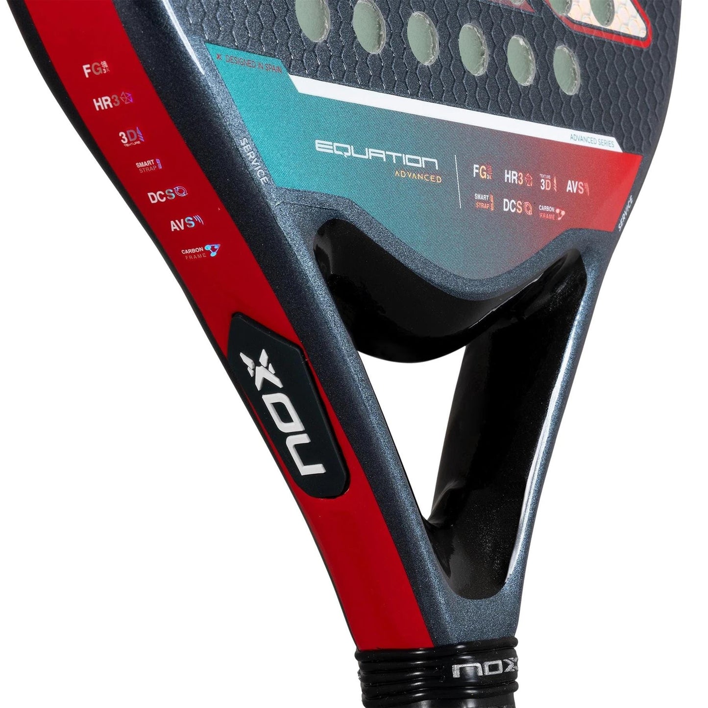 Close-up of the NOX Equation Light W Advance Series Padel Racket in Blue/Red, showing the brand logo, grip, and part of the face with specs—perfect for intermediate players wanting advanced performance.