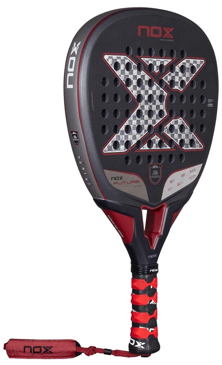 The NOX NFA Future Attack 12K Alum Padel Racket in black and red features a large X design, multiple round holes, a red wrist strap, and Carbon 12K for extra power on the court.