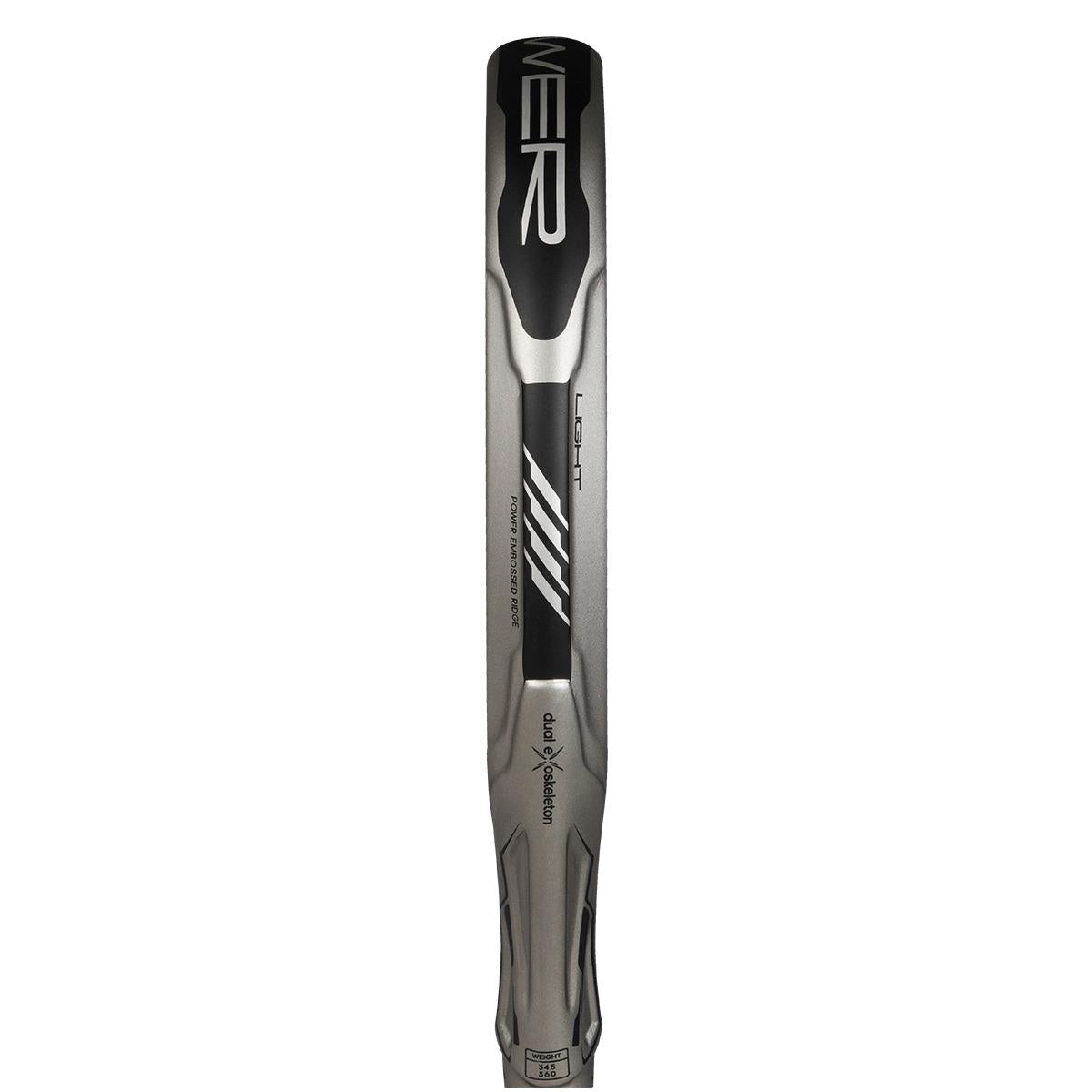 Close-up of a metallic baseball bat featuring a sleek black and silver design, enhanced by Carbon 3K Fibre. The center displays the brand logo and stripes, conveying a modern look reminiscent of the innovation found in the adidas Adipower Carbon Light 3.4 Padel Racket - Silver/Pink.