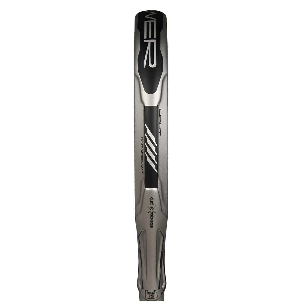 Close-up of a metallic baseball bat featuring a sleek black and silver design, enhanced by Carbon 3K Fibre. The center displays the brand logo and stripes, conveying a modern look reminiscent of the innovation found in the adidas Adipower Carbon Light 3.4 Padel Racket - Silver/Pink.