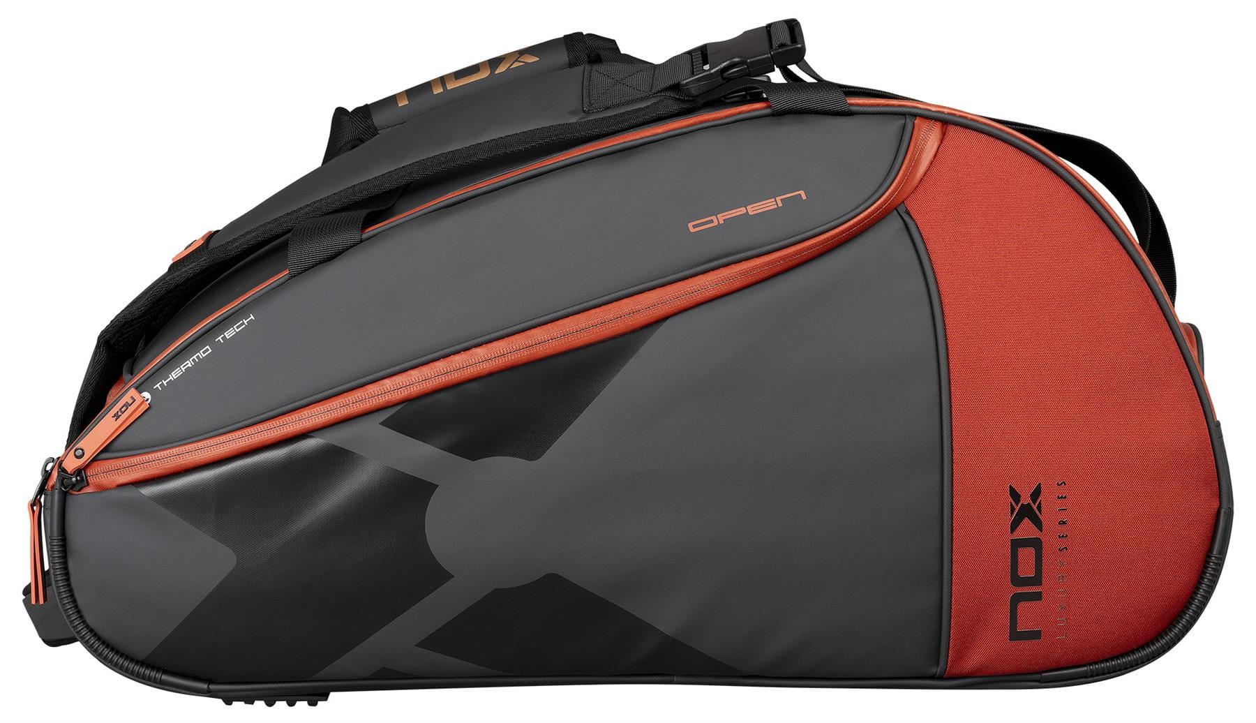 The NOX Luxury Open Series Padel Racket Bag in black/red offers multiple compartments, a shoulder strap, and NOX ThermoTech for superior protection—your perfect padel bag. "NOX" and "OPEN" are printed on the side.