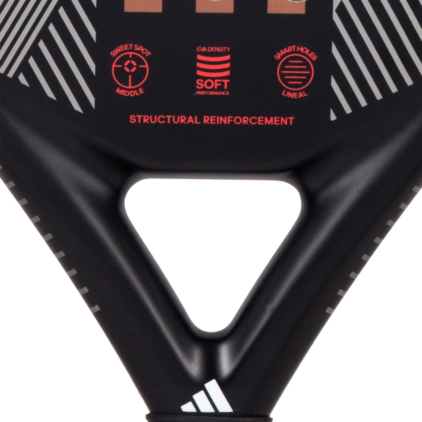 A close-up of the ADIDAS Match 3.3 Padel Racket in black and red showcases its geometric white lines. Featured text in red highlights key attributes such as "sweet spot middle," "EVA density soft performance," "smart holes lineal," and "structural reinforcement." Designed for beginner players, its durable fiberglass construction ensures enhanced control. Made by adidas.