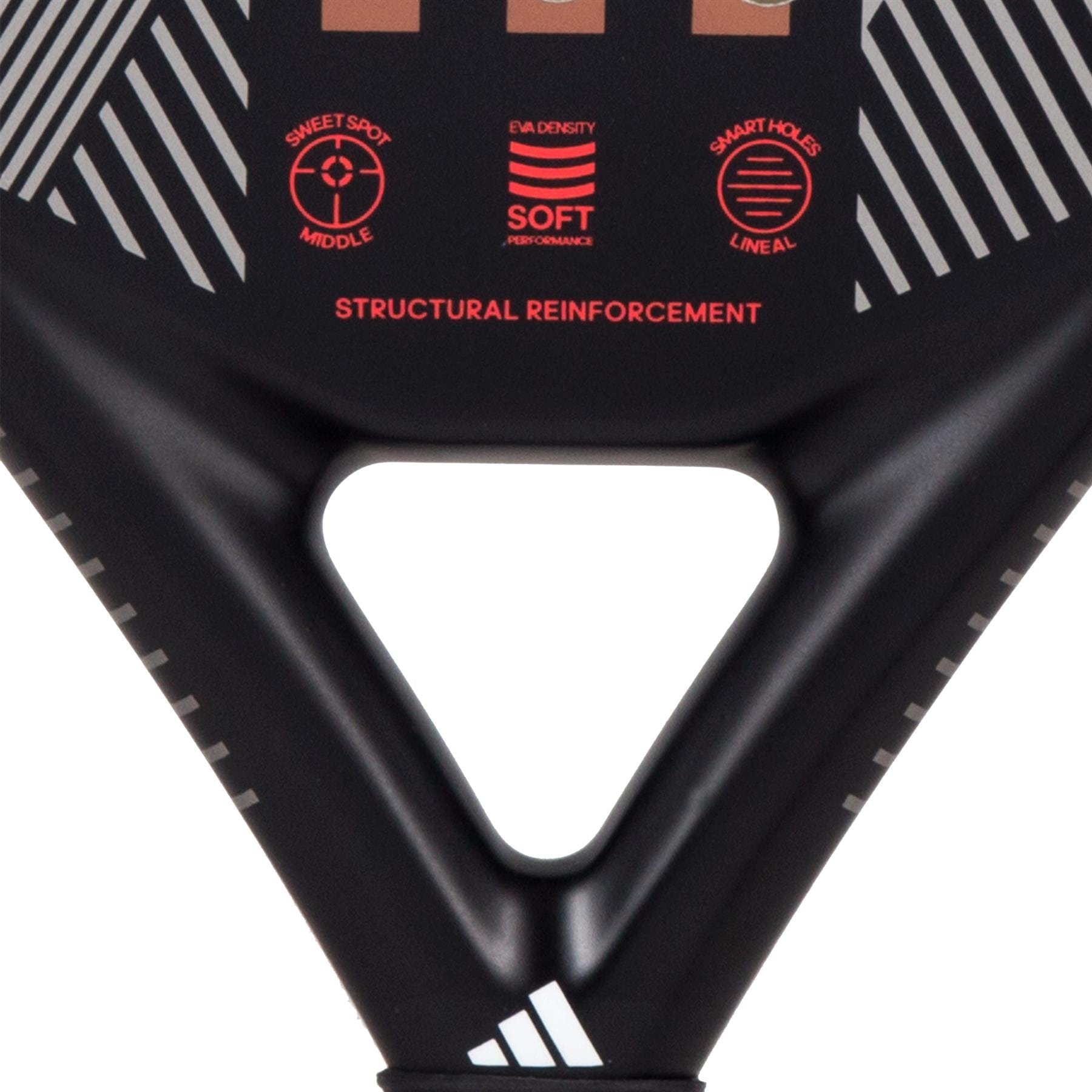 A close-up of the ADIDAS Match 3.3 Padel Racket in black and red showcases its geometric white lines. Featured text in red highlights key attributes such as "sweet spot middle," "EVA density soft performance," "smart holes lineal," and "structural reinforcement." Designed for beginner players, its durable fiberglass construction ensures enhanced control. Made by adidas.