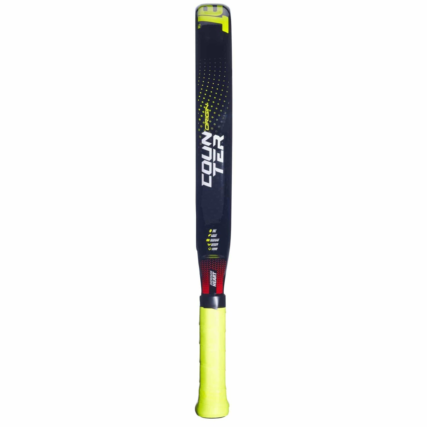 A modern cricket bat inspired by the Babolat Counter Origin Padel Racket—black face with yellow and red accents, "COUNTER" branding, and a bright yellow grip tape on the handle for superior control.