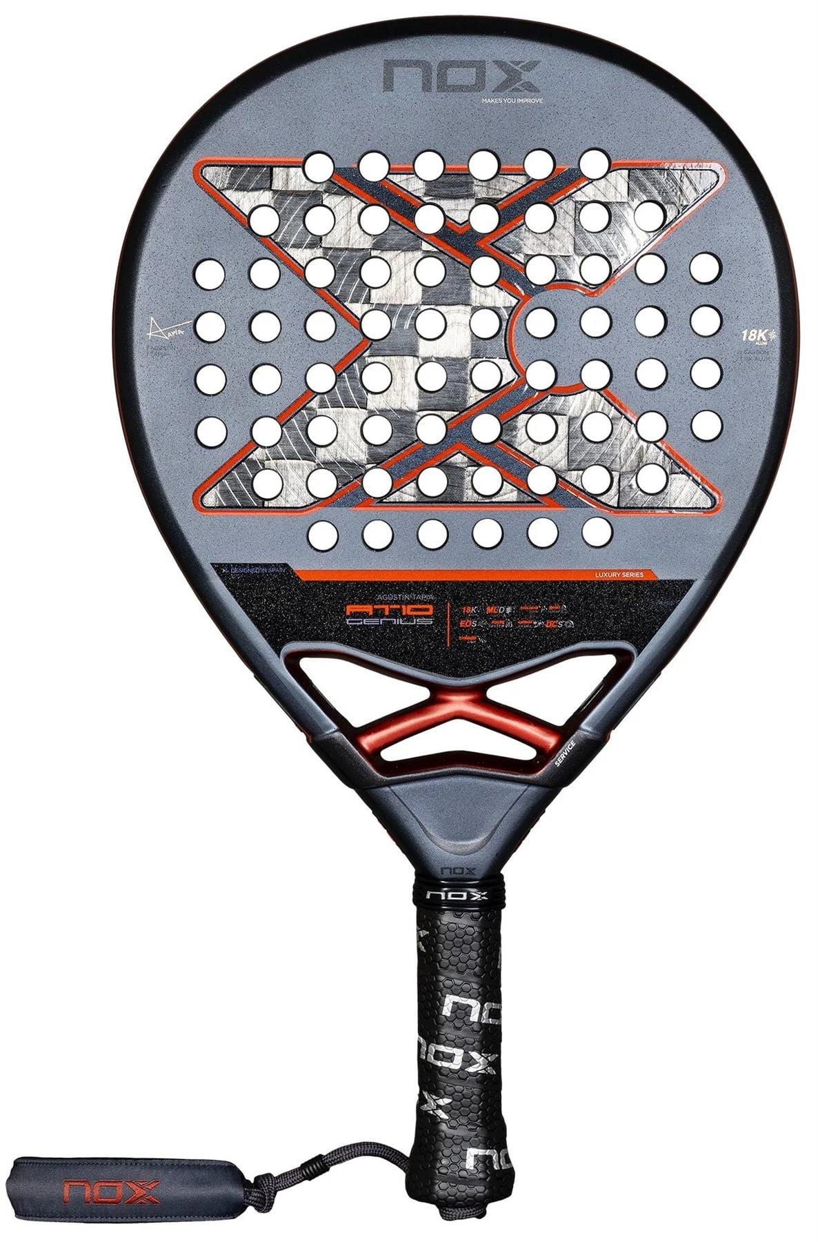 The NOX AT10 Luxury Genius 18K Alum By Agustin Tapia 2025 padel racket features a black and gray design with red and white "X" accents, 18K Alum face, circular holes, branded grip tape, and a black wrist strap.