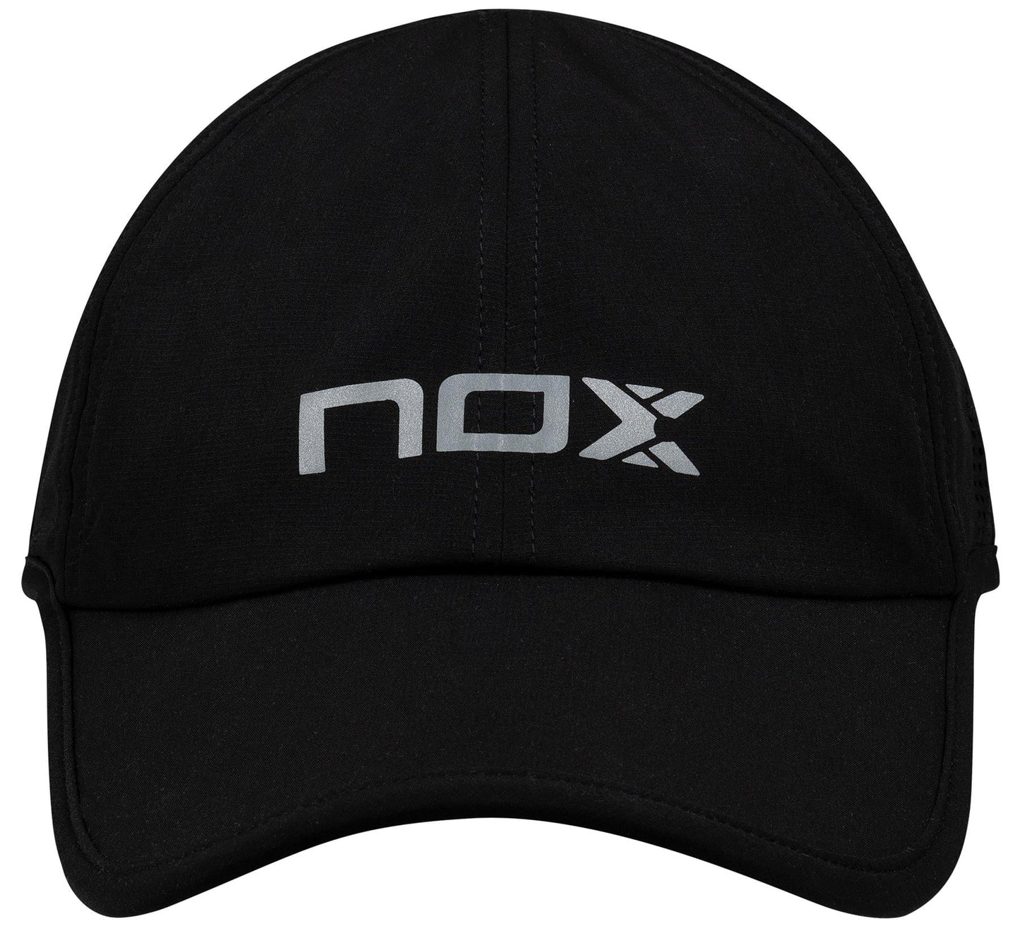 The NOX Padel Cap - Black / White features a white "nox" logo on the front, provides sun protection, and has an adjustable fit for comfort.