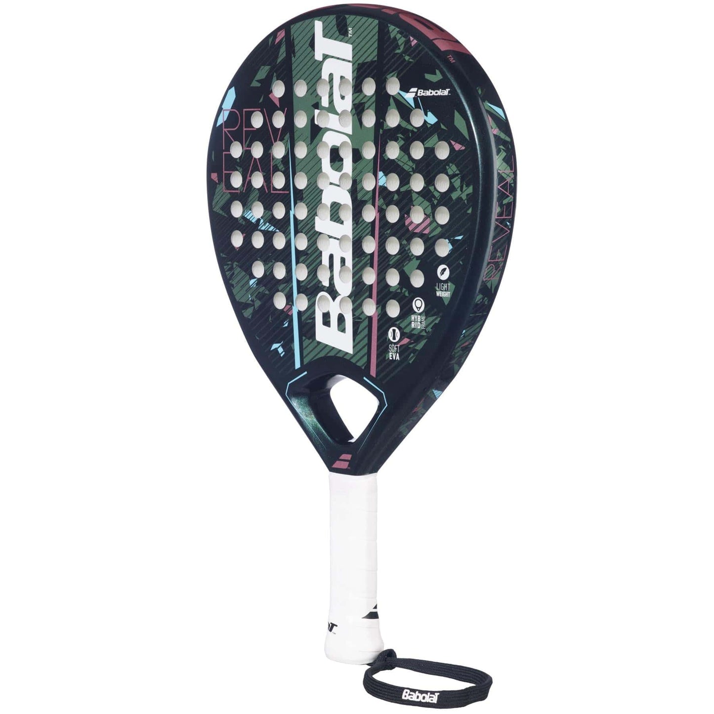 The Babolat Reveal Padel Racket, ideal for beginner padel players, boasts a round head and a stylish dark green and pink design. Made from a carbon fiber and fiberglass composite, it promises durability, with a wrist strap to ensure secure handling during play.