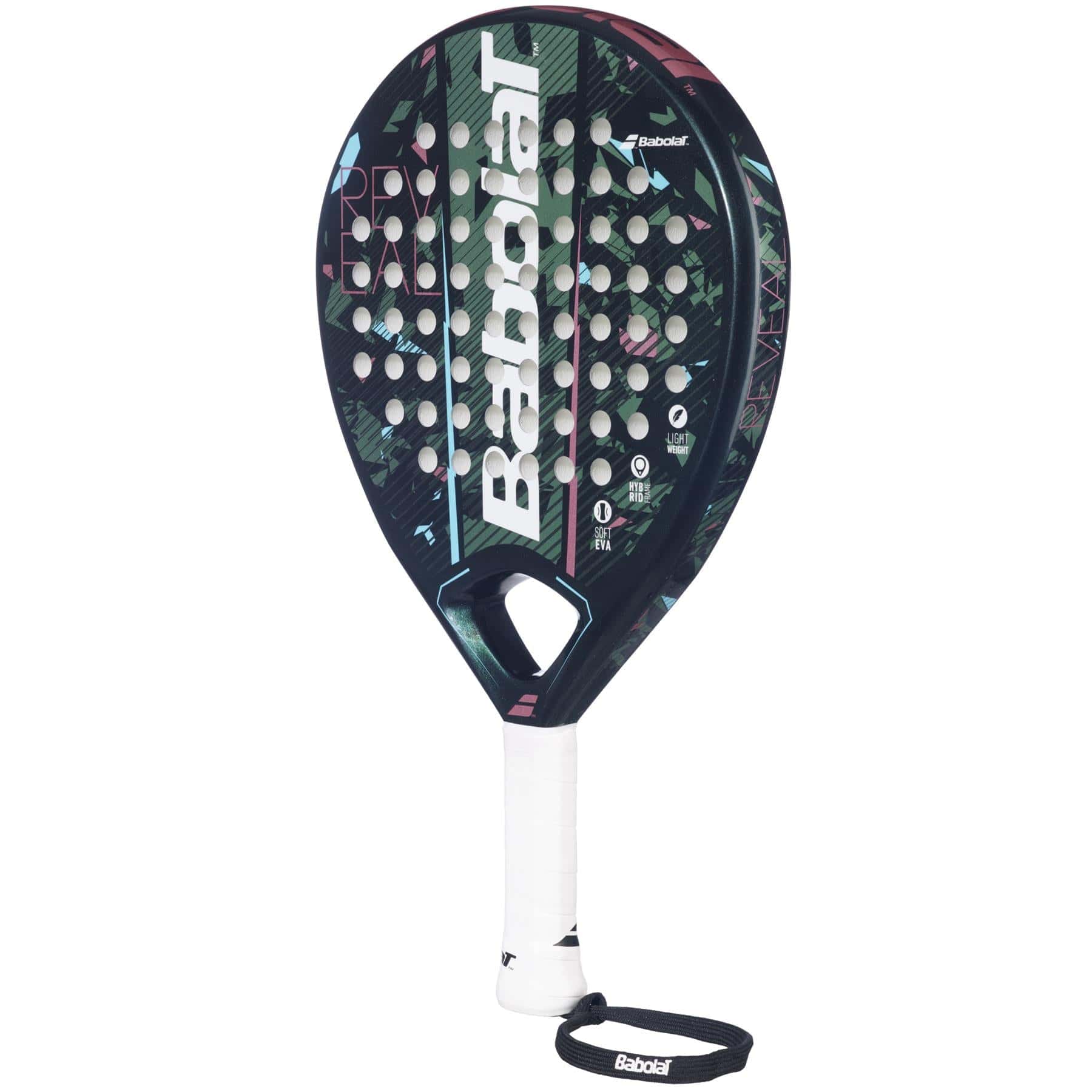 The Babolat Reveal Padel Racket, ideal for beginner padel players, boasts a round head and a stylish dark green and pink design. Made from a carbon fiber and fiberglass composite, it promises durability, with a wrist strap to ensure secure handling during play.