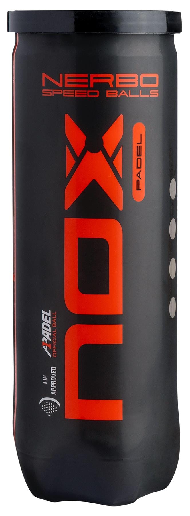 The NOX Nerbo Padel Balls - 3 Ball Tube features a sleek black canister with bold red and orange "NOX" branding, containing premium padel balls renowned for their lively bounce and top court performance.
