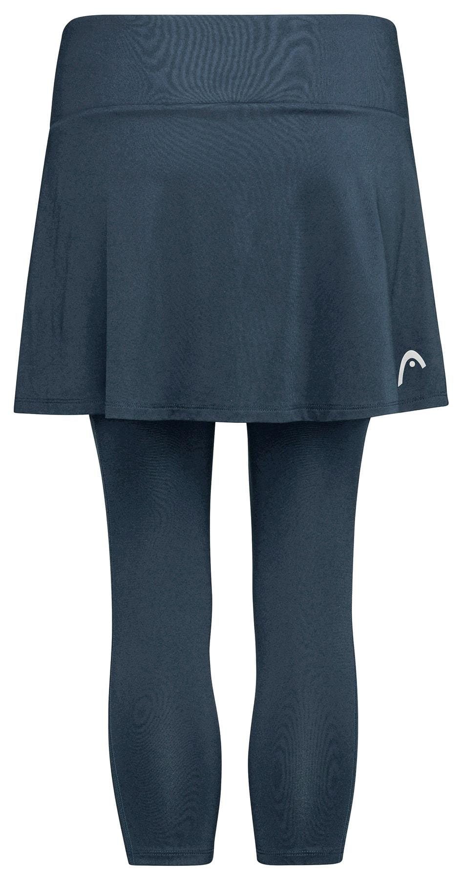 Explore the navy HEAD Club 3/4 Tights Women's Padel Skort with attached knee-length tights for comfort and style. It features a subtle logo and is crafted from Moisture Transfer Microfibre to keep you cool and dry on the court.