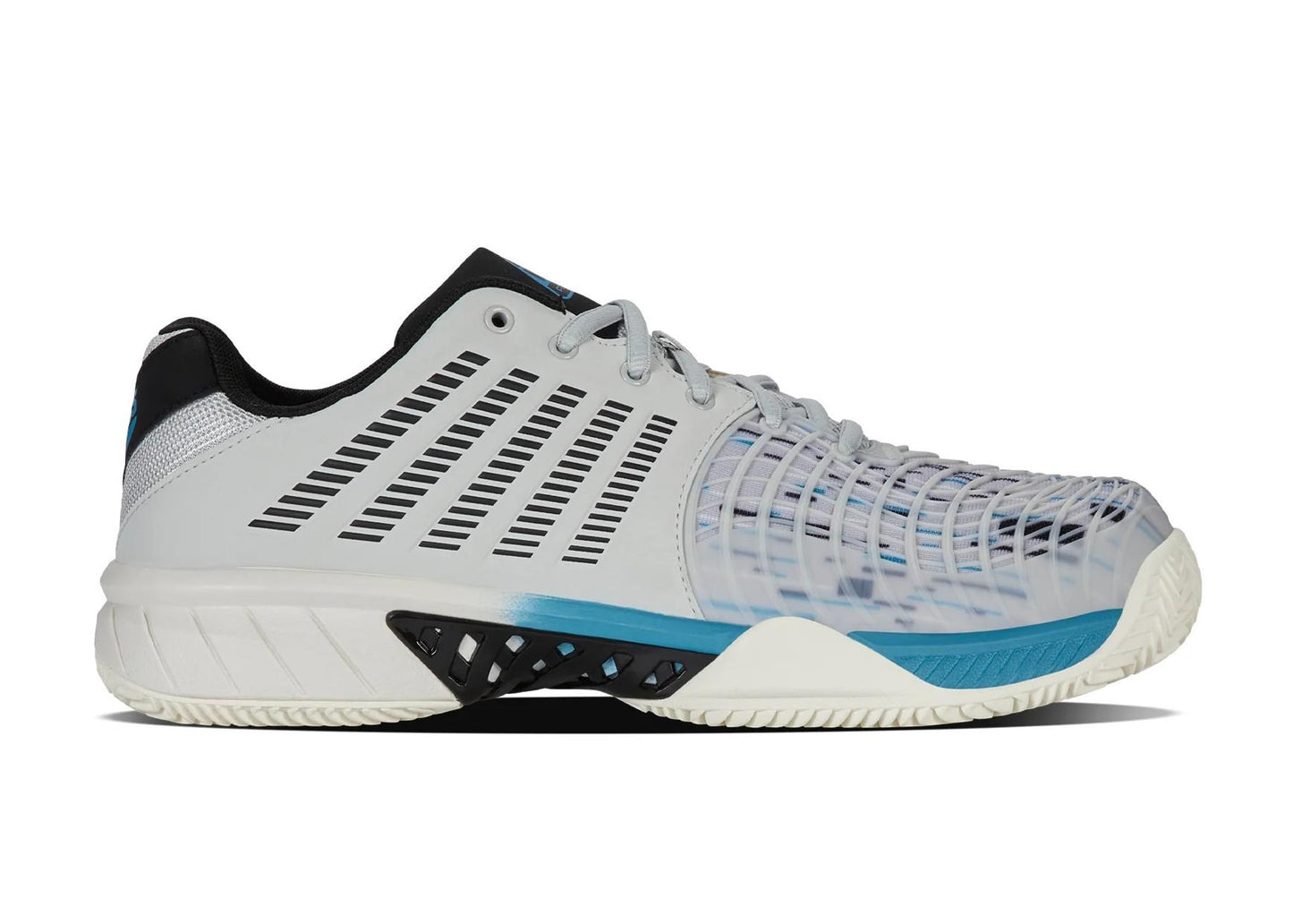 The K-Swiss Express Light 3 Men's Padel Shoes in Dawn Blue, Blue Moon, and Black boast a sleek design with black and grey accents. They feature DuraWrap Flex mesh-like details for style, along with an HB Outsole textured sole for exceptional grip.