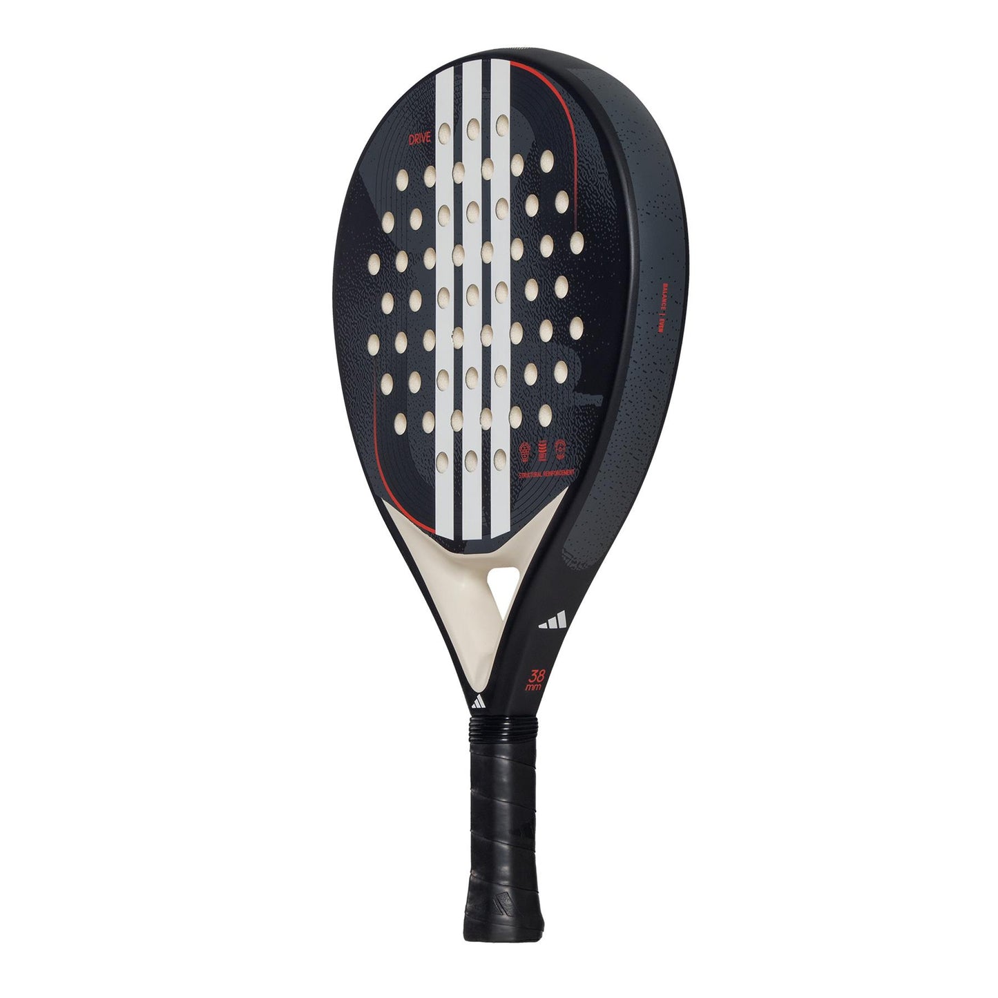 The ADIDAS Drive Black 3.4 Padel Racket by adidas is a sleek black and white racket with a round head design featuring multiple perforations. Perfect for beginners, its durable fibreglass construction includes a black handle and stylish red accents along the edge.