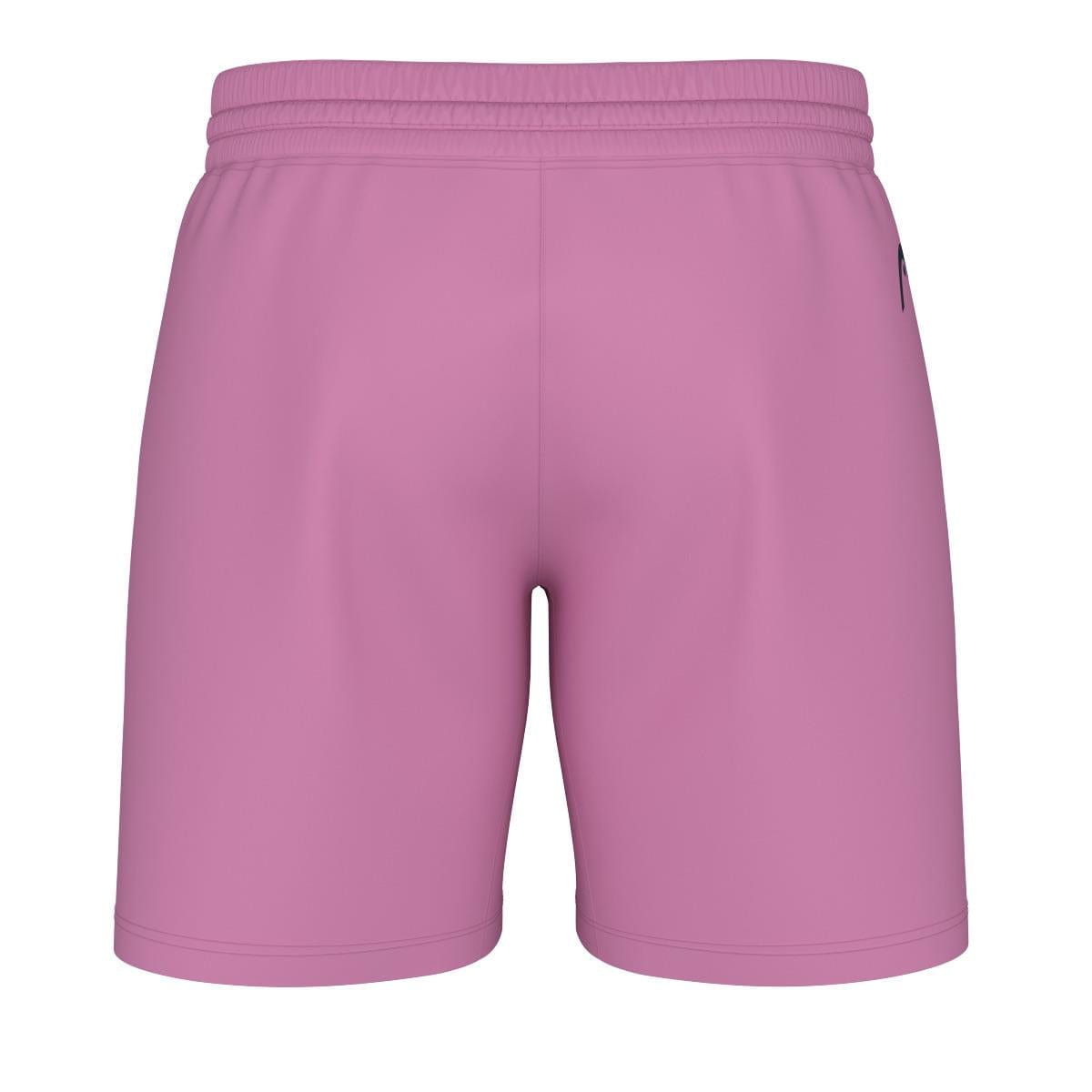 A pair of cyan pink athletic shorts from HEAD is featured from the back, showcasing their elastic waistband. These plain shorts are crafted from moisture-wicking microfiber and provide 4-way stretch for optimal movement, lacking any visible branding or design details.