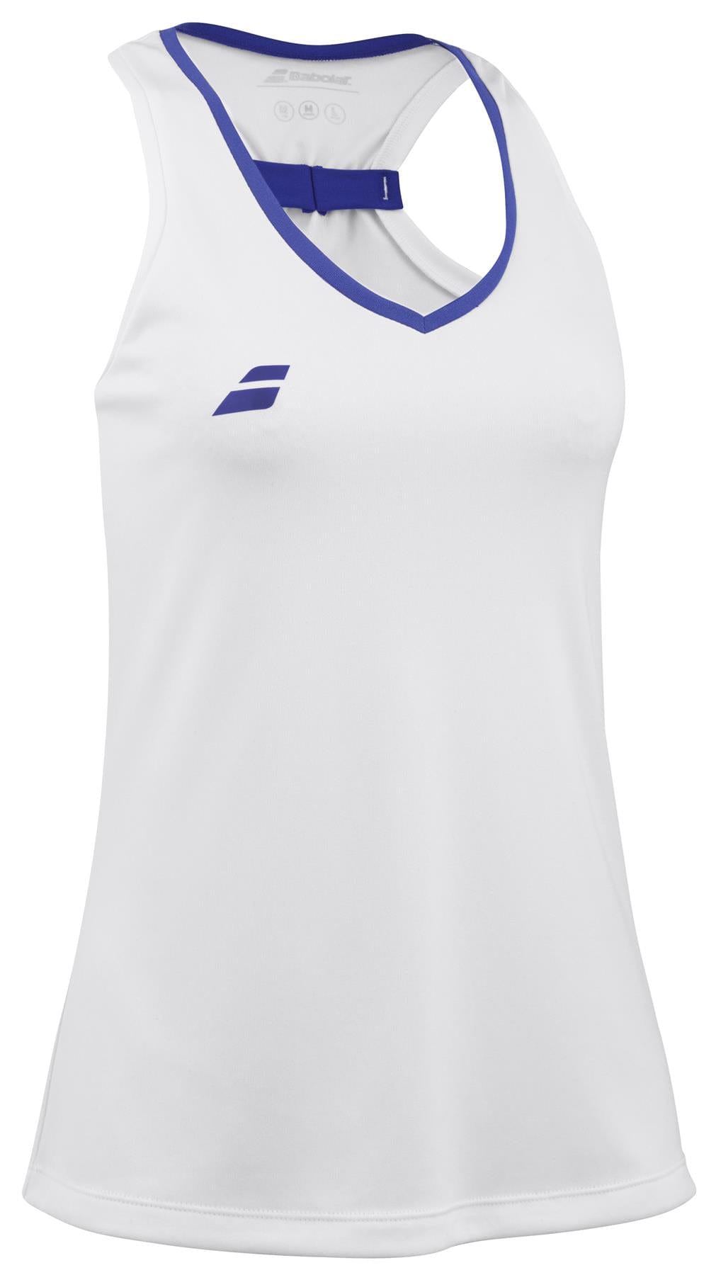 The Babolat Play Women's Padel Tank Top in white is a sleeveless sports top accented with blue trim around the neckline. It includes a small blue logo on the left chest and is crafted from Fiber Dry-polyester, offering soft, breathable comfort ideal for athletic pursuits.