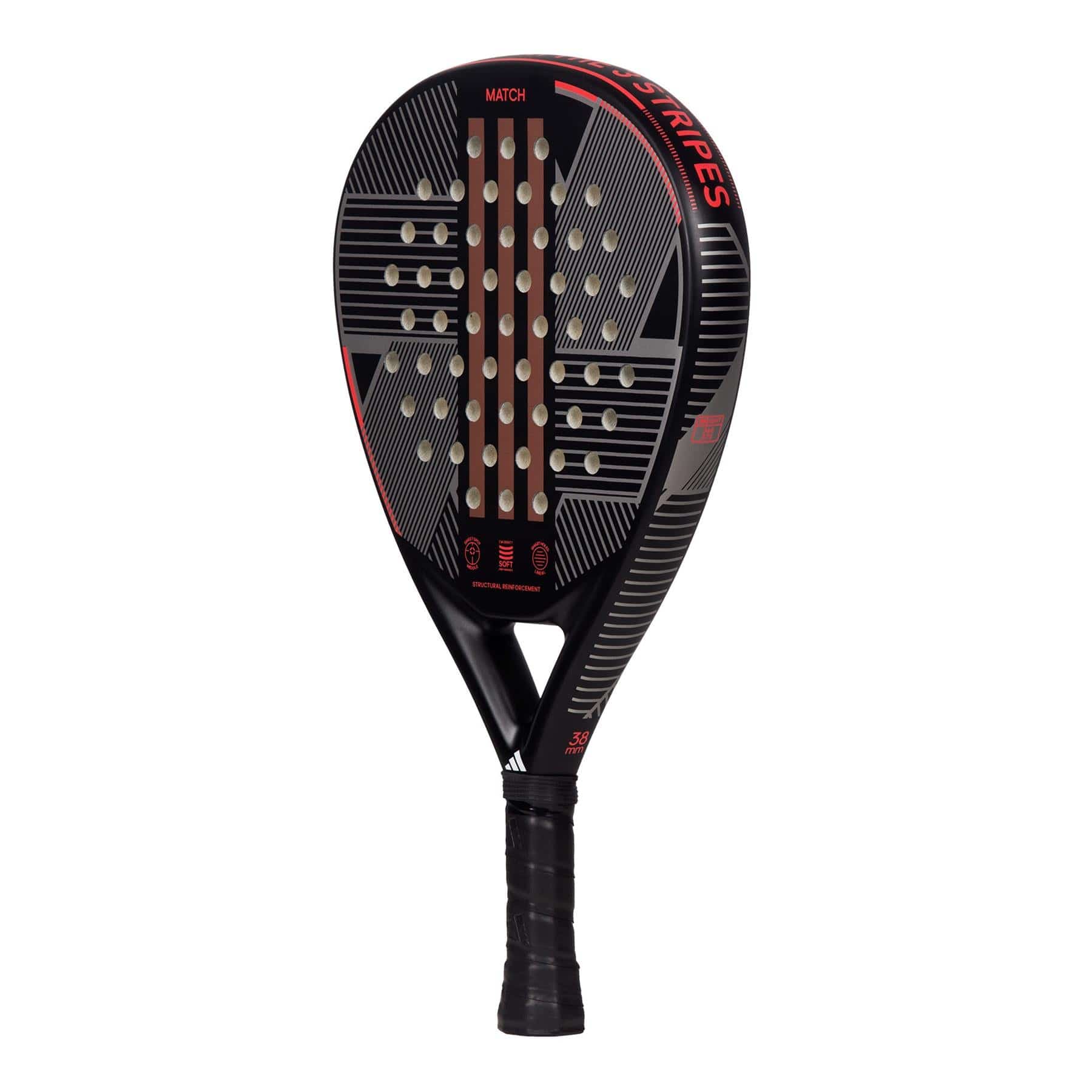 The ADIDAS Match 3.3 Padel Racket in black and red is ideal for beginner players, showcasing a prominent adidas logo and a perforated fiberglass hitting surface to enhance gameplay. The handle is wrapped in textured grip material for improved control.