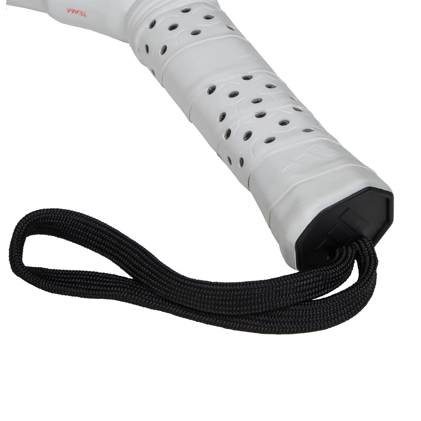 The ADIDAS Metalbone Team 3.4 Padel Racket in Black/Red features a white handle with black ventilation holes and a secure black cord loop. Its textured grip enhances ergonomic design, ideal for advanced players seeking precision and comfort.