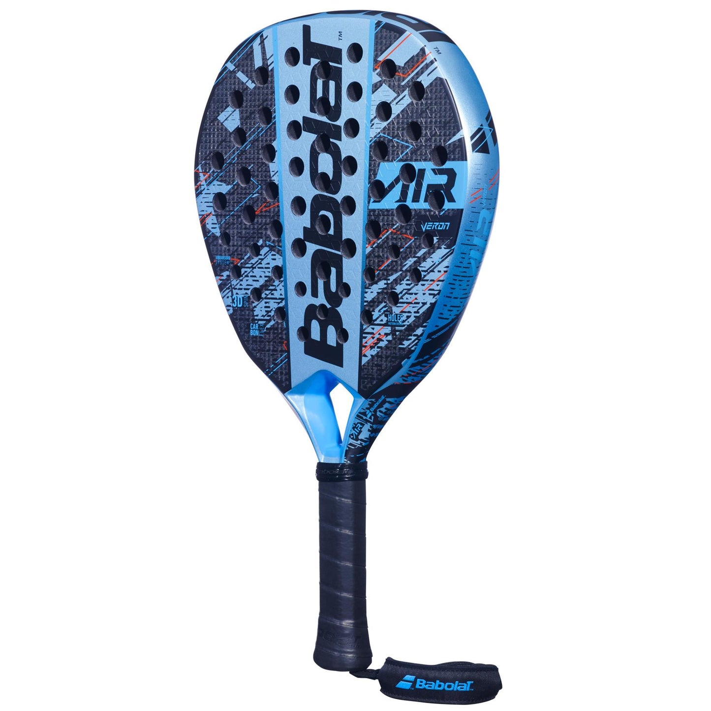 The Babolat Air Veron Padel Racket - Blue / Black, from the renowned brand Babolat, features a stylish patterned design that offers dynamic power. Equipped with a black grip on the handle and a logo-adorned wrist strap, it guarantees both spin and comfort for every player.