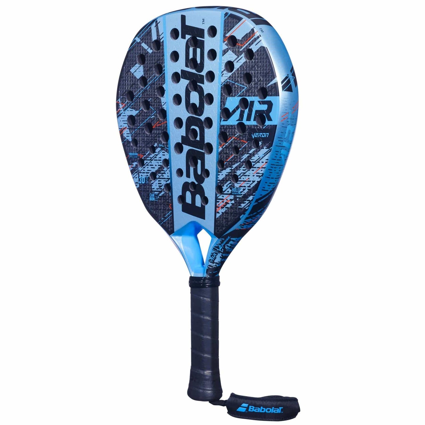 The Babolat Air Veron Padel Racket - Blue / Black, from the renowned brand Babolat, features a stylish patterned design that offers dynamic power. Equipped with a black grip on the handle and a logo-adorned wrist strap, it guarantees both spin and comfort for every player.