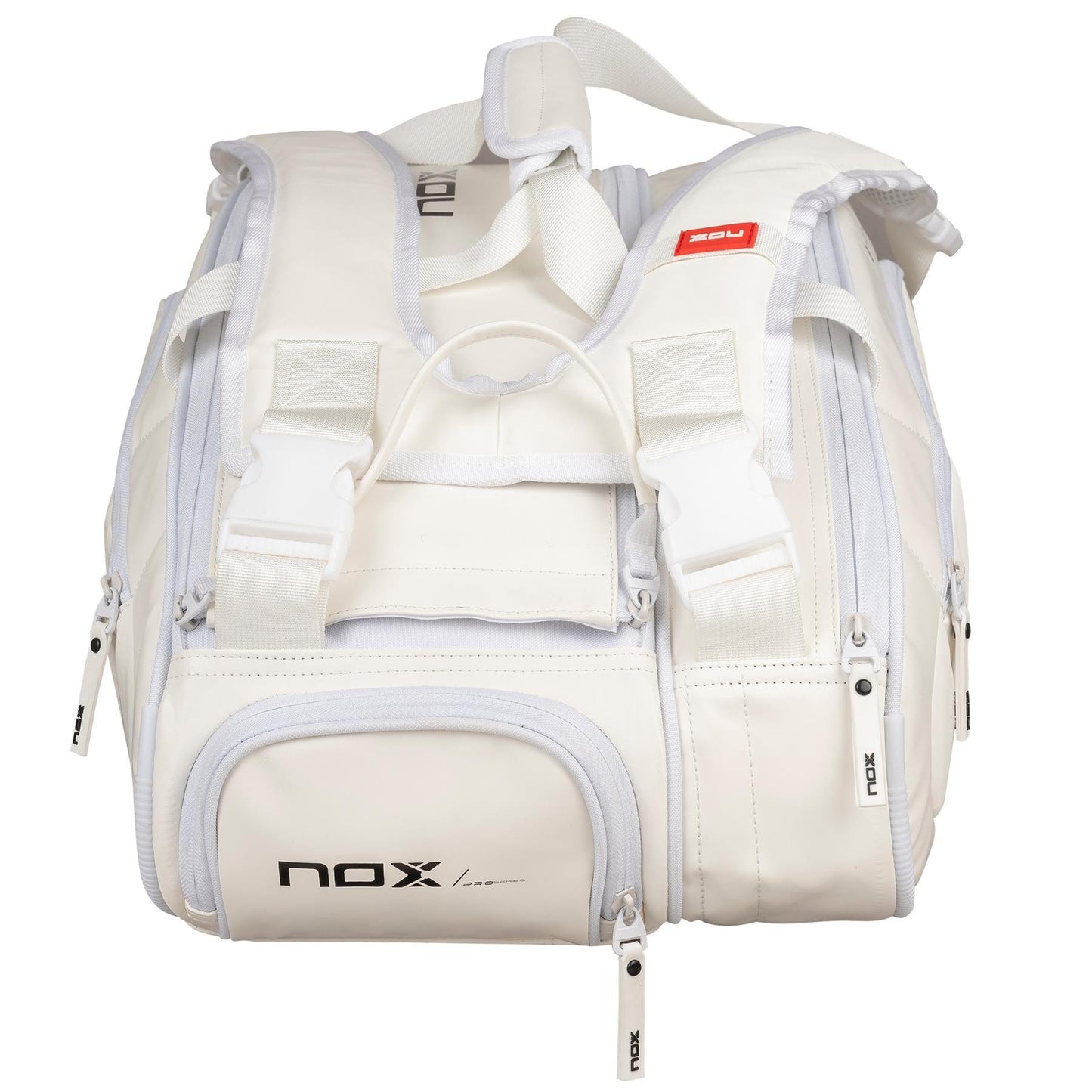 The NOX Pro Series Padel Racket Bag - White features multiple zippered compartments, NOX ThermoTech, two shoulder straps, the NOX logo on the front pocket, and a spacious 45L capacity for all your gear.