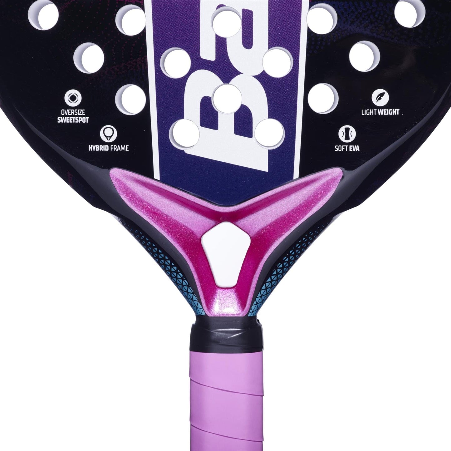 Close-up of the Babolat Stima Vita Padel Racket by Babolat in black and purple, featuring an oversize sweetspot, hybrid frame, lightweight build, and soft EVA on the paddle’s face.