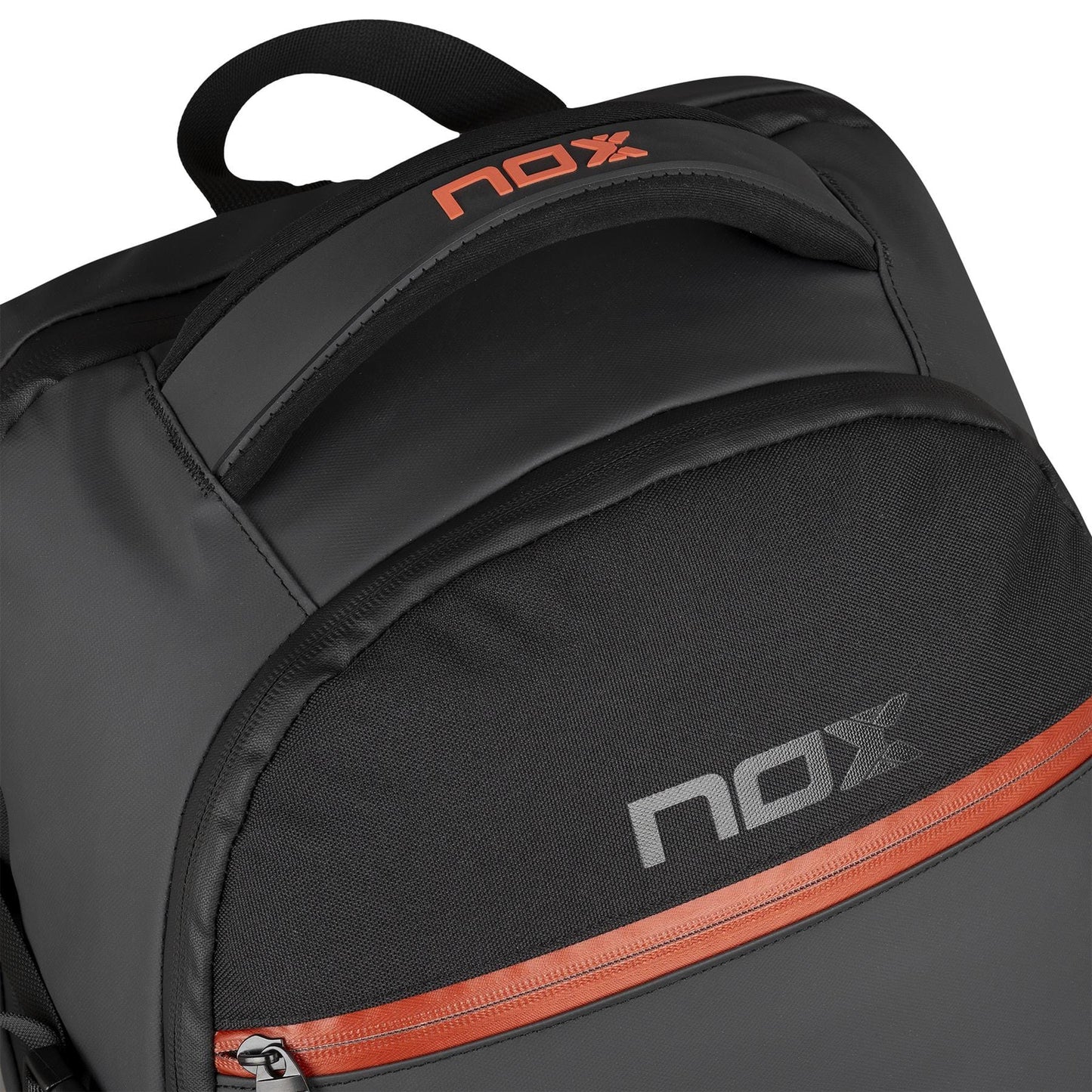 Close-up of the NOX Luxury Open Series Padel Backpack in black/red, featuring "nox" branding in gray and orange on the front pocket and handle, an orange zipper accent, and a smooth, slightly shiny material.