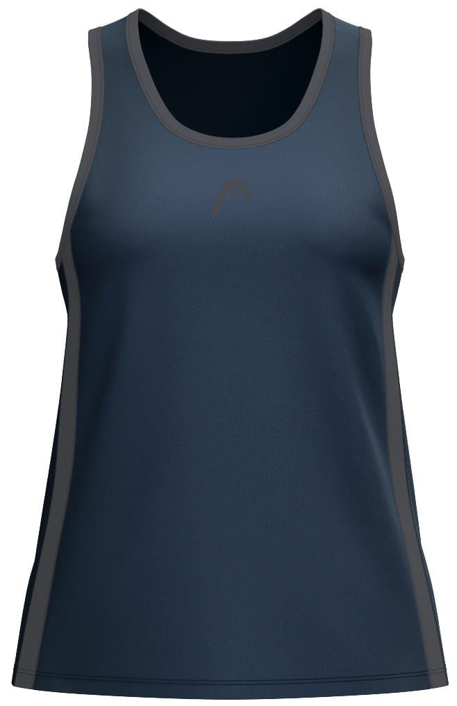 Introducing the HEAD Club 25 Tech Womens Padel Tank Top in navy: a sleeveless, athletic top with gray side panels, a round neckline, and advanced Moisture Transfer Microfiber technology. Its smooth, stretchy material is ideal for sports or exercise and features subtle HEAD branding.