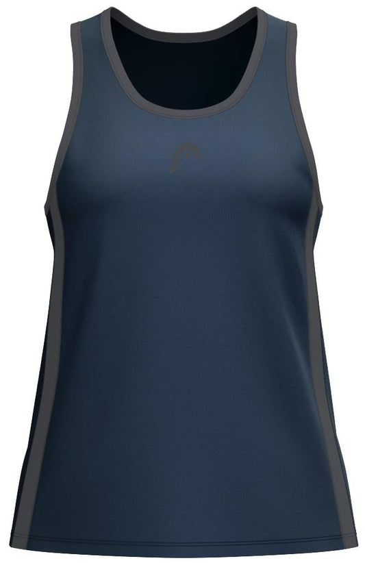 Introducing the HEAD Club 25 Tech Womens Padel Tank Top in navy: a sleeveless, athletic top with gray side panels, a round neckline, and advanced Moisture Transfer Microfiber technology. Its smooth, stretchy material is ideal for sports or exercise and features subtle HEAD branding.