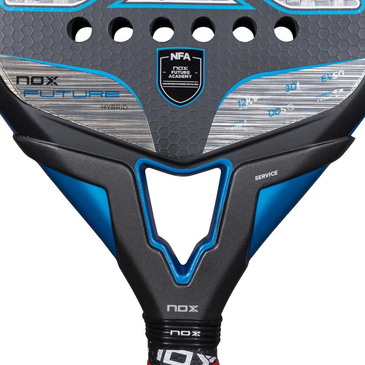 Close-up of the NOX NFA Future Hybrid 12K Alum Padel Racket in black and blue, featuring the NOX logo, "Future Academy" badge, "SERVICE" label, Carbon 12K details, and a textured surface.