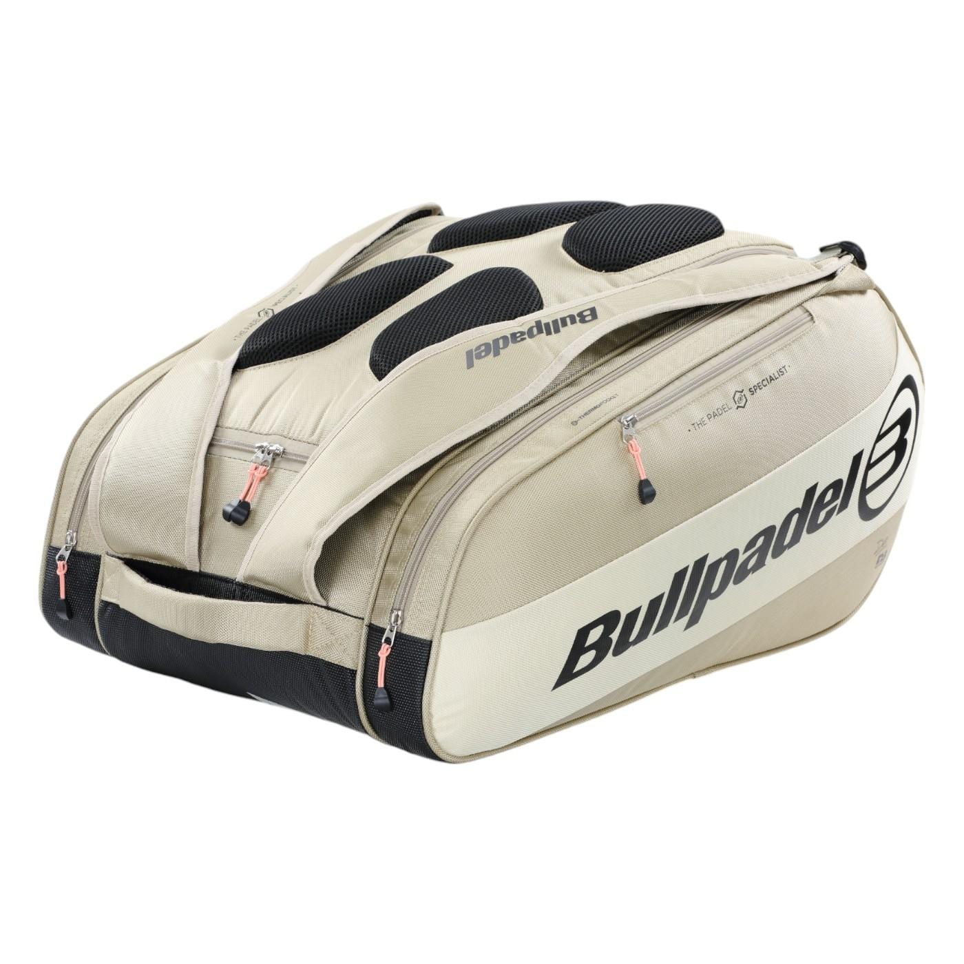 The Bullpadel Vertex 25 Padel Racket Bag in Stone has reinforced thermo-lined compartments, black accents with a logo, and durable handles. The zippers feature small red tags, making it ideal for carrying sports gear or a Vertex Padel Racket.