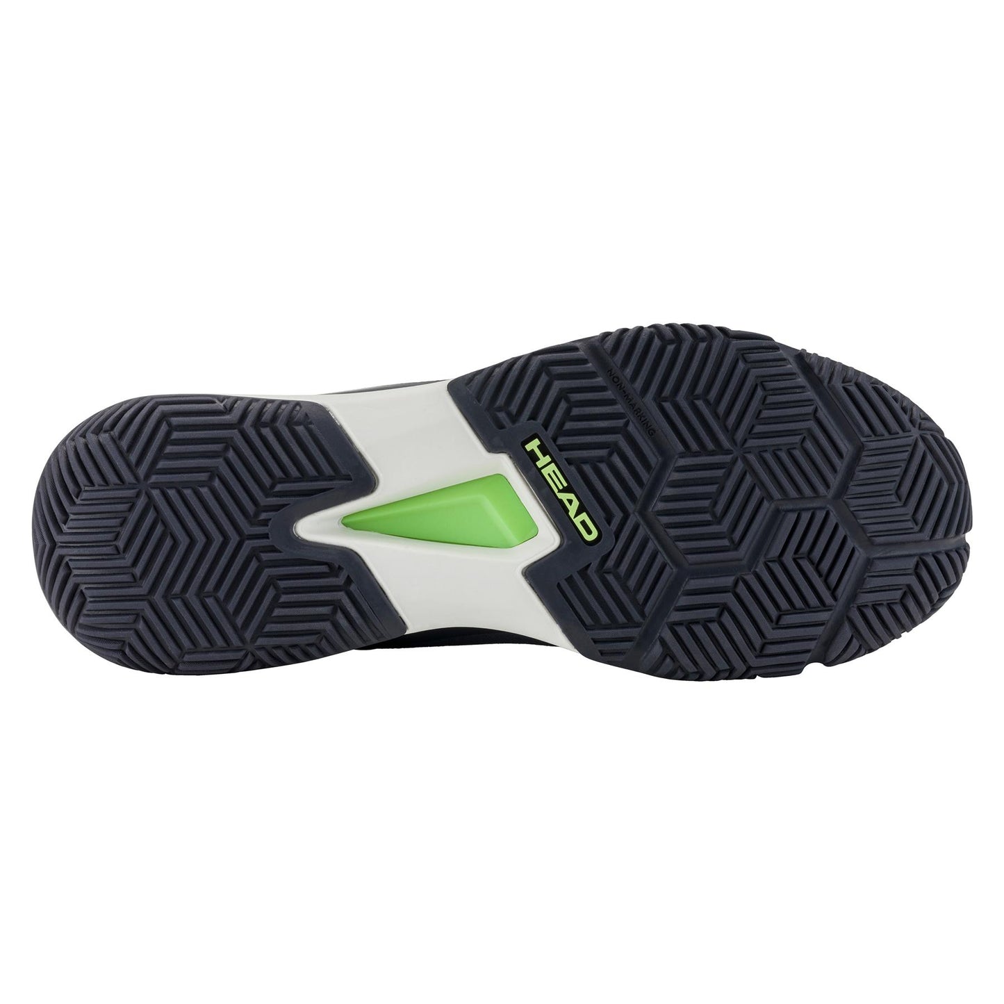The image features the sole of the HEAD Motion Team Mens Padel Shoes in black with a hexagonal tread for 360-degree grip. It includes a white section with a green triangle at the center and "HEAD" printed boldly, offering superior lateral control on the court.