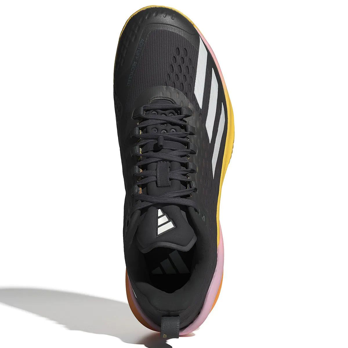 The ADIDAS Adizero Cybersonic Men's All Court Shoes in Aurora Black, Zero Metallic, and Spark present a striking look from above. This sleek sneaker features a lace-up design, textured sole, and Energy Rods for improved performance.