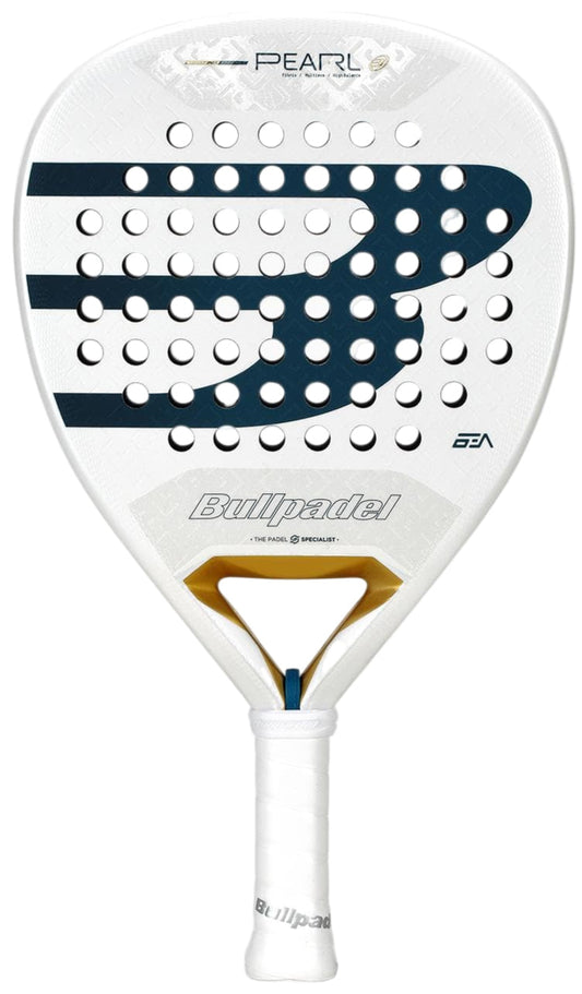 The Bullpadel Pearl 2026 Padel Racket – White is a lightweight racket with a bold black "B," circular holes, gold accent near the throat, and white grip—designed for performance and injury prevention. "Pearl" appears at the top.