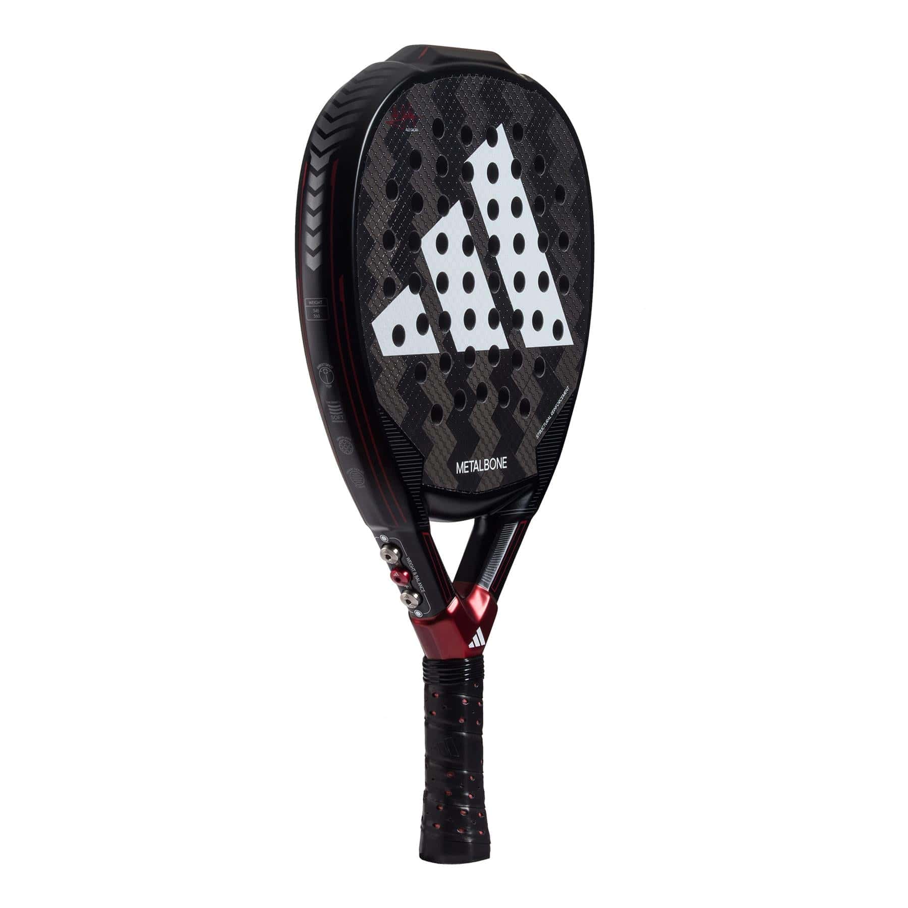 The ADIDAS Metalbone 3.3 Padel Racket in black and red, designed by adidas, showcases a polka dot pattern and prominently displays the word "METALBONE" on its face. Tailored for advanced players, it offers remarkable power with its distinctive black grip tape and vibrant red accents.