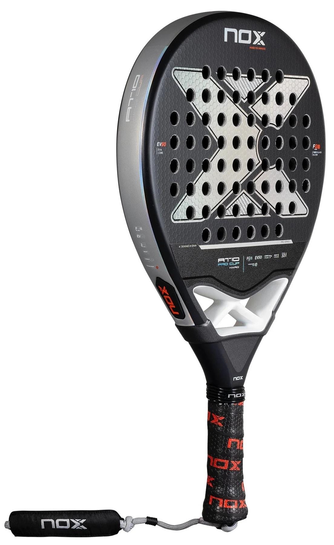 The NOX AT10 Pro Cup HARD By Agustin Tapia 2025 Padel Racket features a black and gray design with a large "X", perforated holes, black handle with red NOX grip tape, and comes equipped with a Smartstrap® wrist strap.