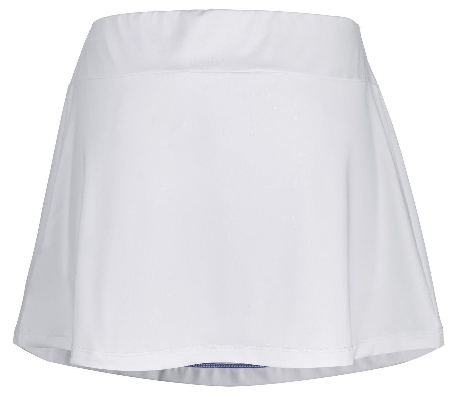 The Babolat Play Women's Padel Skirt in white boasts a flared design and an elastic waistband, providing 360 Motion for easy movement. Made with Fiber Dry technology, it offers comfort and breathability, making it ideal for the active athlete when viewed from the front.