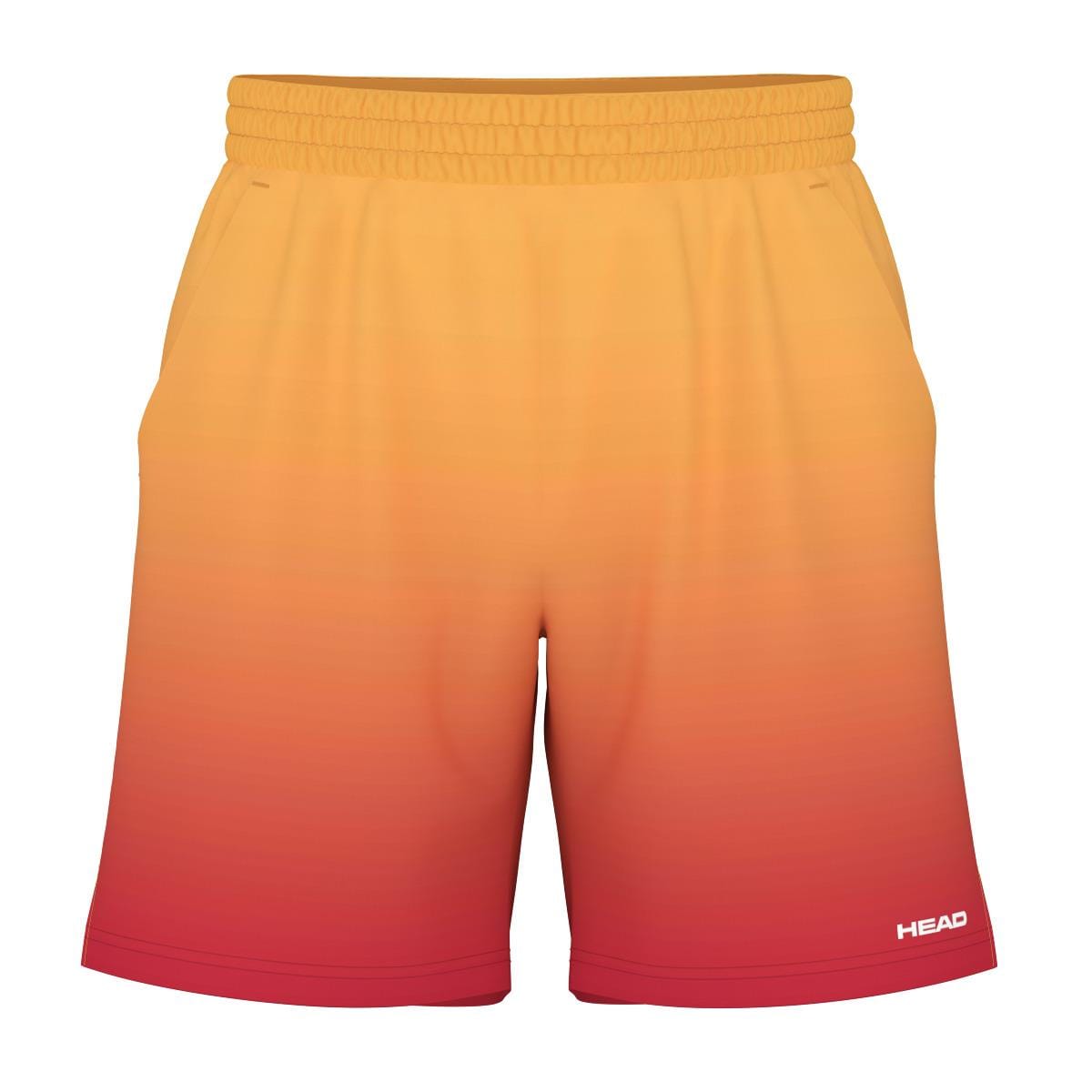 Introducing the HEAD Vision Power II Men's Padel Shorts, featuring an ombre design that transitions from yellow at the top to red at the bottom. These shorts are crafted with moisture-wicking microfibre and come with an elastic waistband and a subtle logo above the left hem, offering comfort and style for any active adventure.