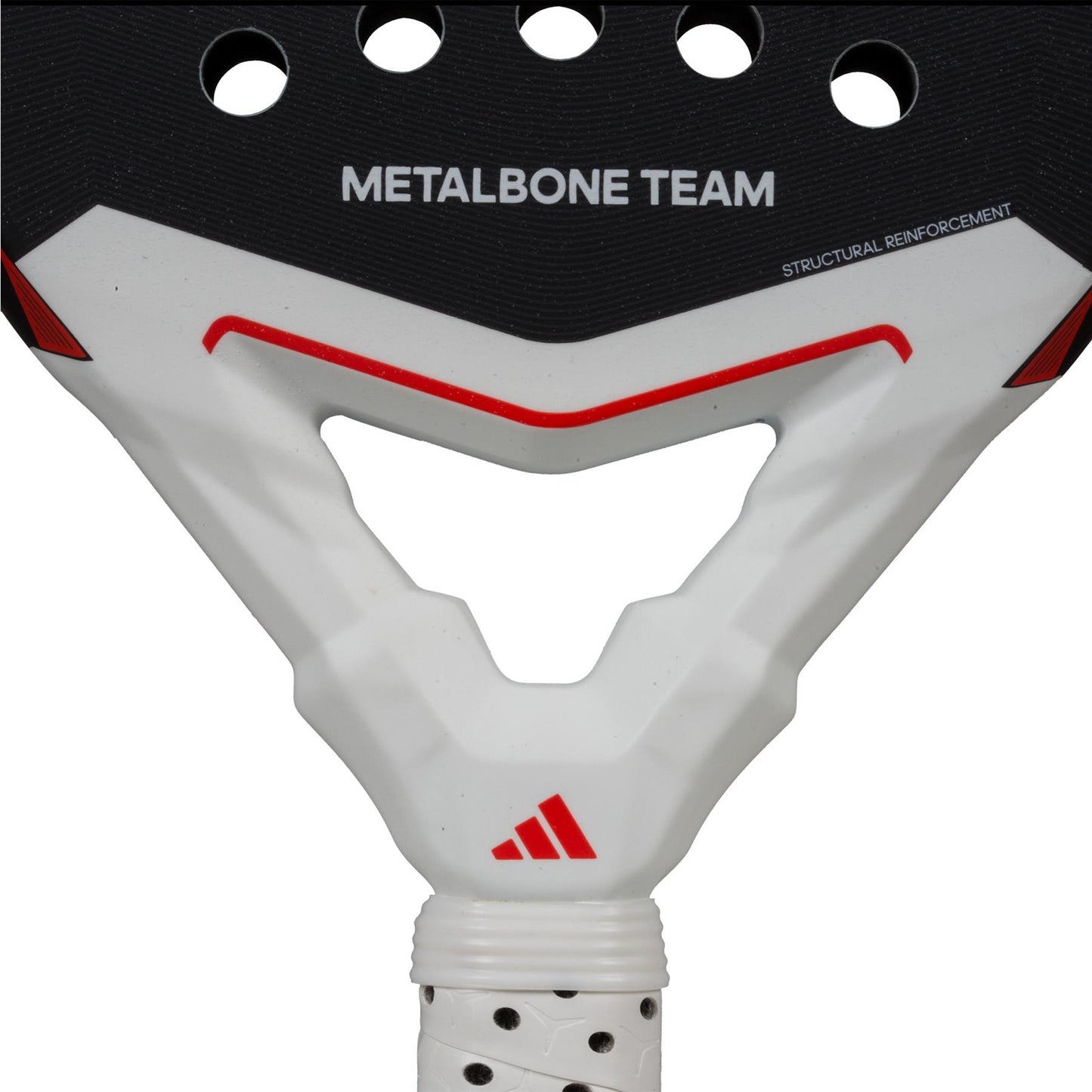 The ADIDAS Metalbone Team 3.4 Padel Racket features a black, red, and white design, ideal for advanced players. "METALBONE TEAM" and "STRUCTURAL REINFORCEMENT" appear on the top edge with a centered logo below and a sleek white grip tape on the handle.