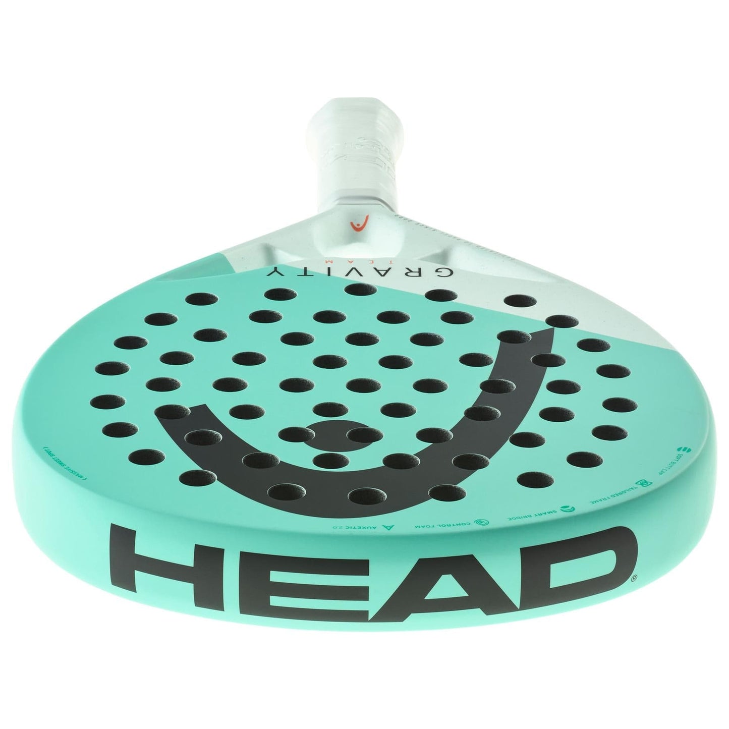 The HEAD Gravity Team 2024 Padel Racket in mint green features a sleek design with a white handle, making it ideal for intermediate players. Its surface is adorned with multiple holes and prominently displays the bold black "HEAD" logo on the side. The racket utilizes Auxetic 2.0 technology to enhance performance.