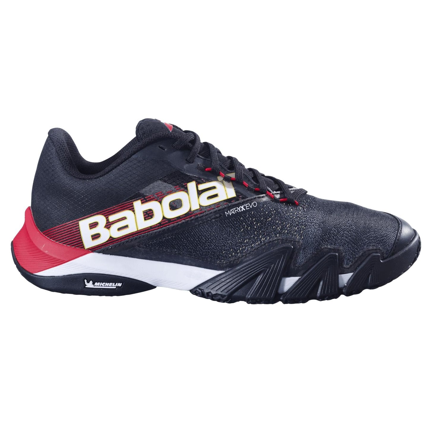 The Babolat Jet Premura 2 Men's Padel Shoes in Black/Tomato Red feature a white logo, textured material, low-cut design, and a durable Michelin Padel rubber sole for superior grip on court.