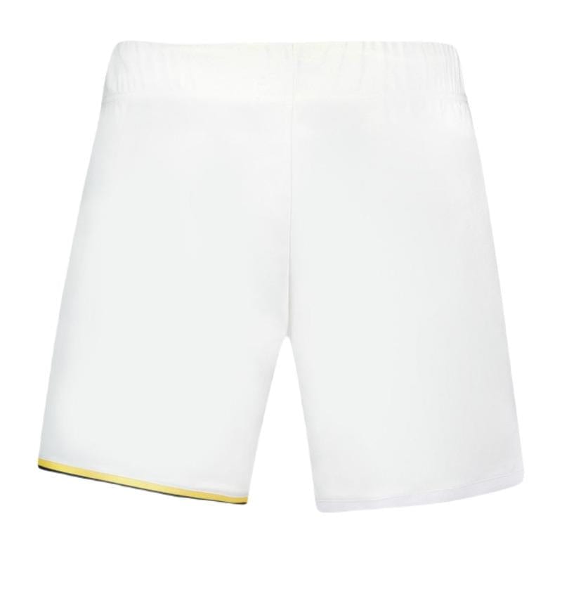 Introducing the Le Coq Sportif Pro Mens Padel Shorts in Optical White, designed specifically for padel enthusiasts. These athletic shorts feature breathable fabric, an elastic waistband, and a subtle yellow accent on the edge of one leg. The product is showcased against a plain white background.