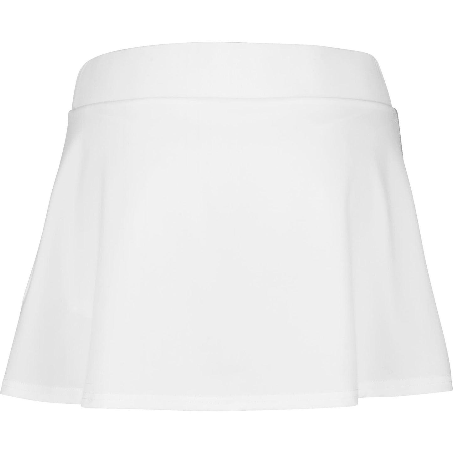 The Babolat Play Women's Padel Skirt in White/Orange is a flared mini skirt with a wide waistband, crafted from recycled polyester. Its smooth and lightweight fabric enhances 360 Motion during play, emphasized by its minimalistic design against a plain white background.