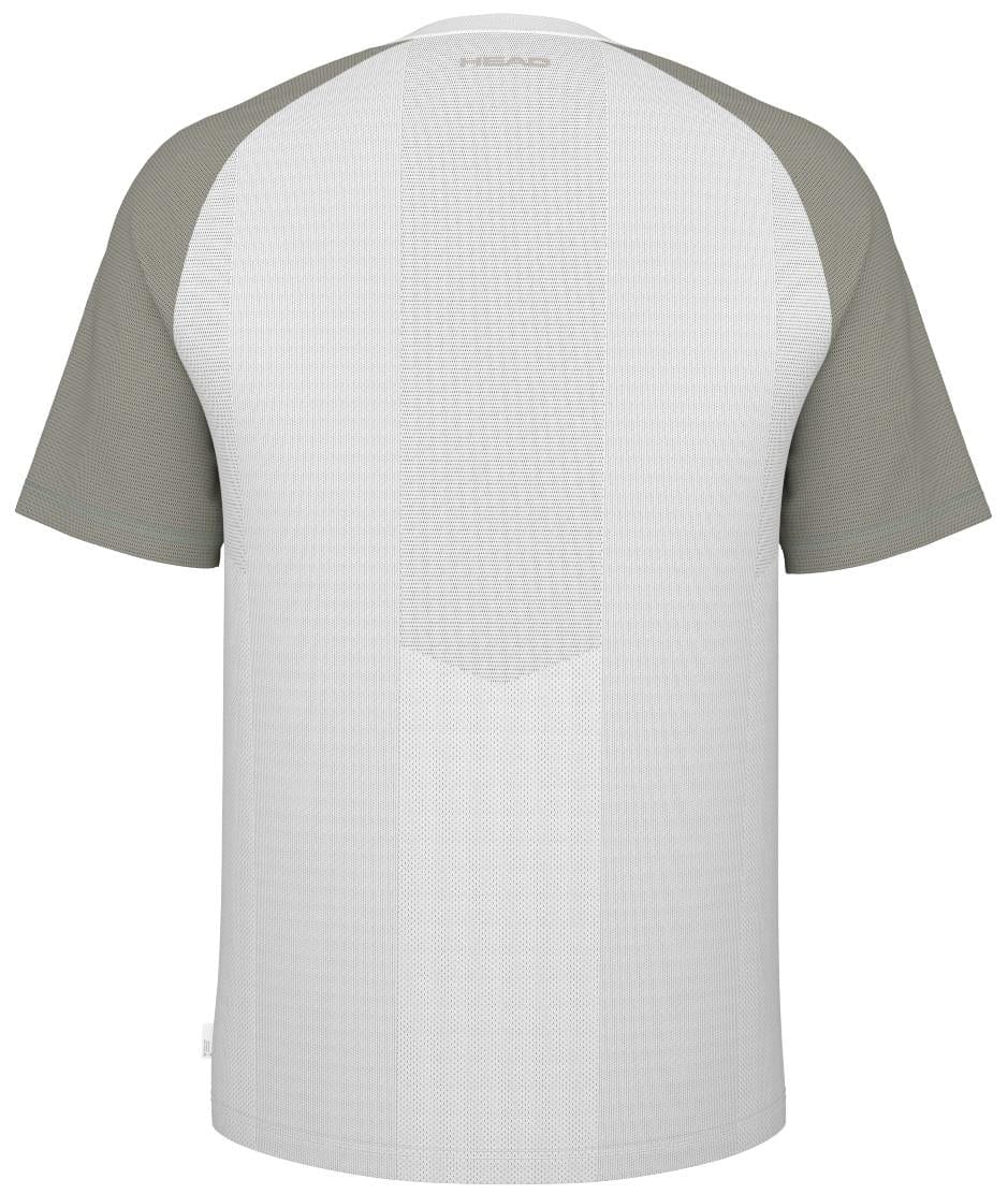 The HEAD Performance Mens Padel T-Shirt - XPWG boasts a white mesh body, short olive-green sleeves, and body-mapping tech on the back for ventilation, featuring a subtle brand logo near the collar.