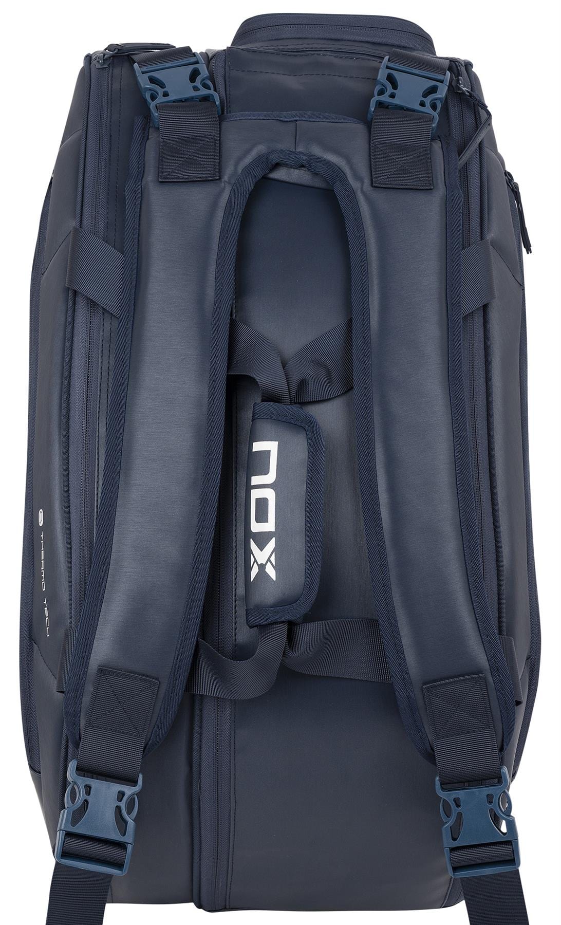 The NOX Pro Series Padel Racket Bag - Blue features padded shoulder straps, side pockets, adjustable buckles, a NOX logo on the back, and advanced ThermoTech technology for superior protection.