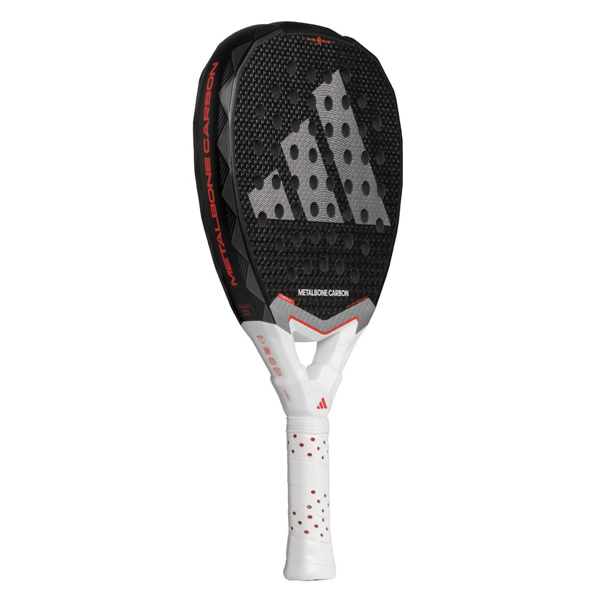 The adidas ADIDAS Metalbone Carbon 3.4 Padel Racket features a black and gray textured surface, a large silver logo, and red-accented rim with "Metalbone Carbon" text. Designed for advanced players, it has white grip tape with red dots on the handle.