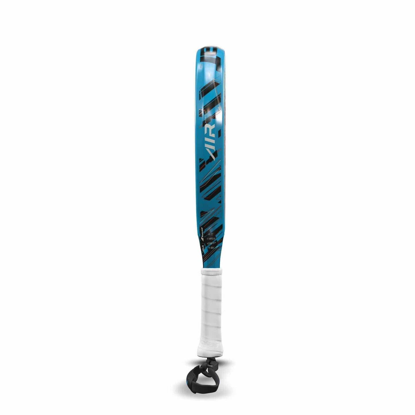 The Babolat Air Vertuo padel racket, presented in striking blue and black with the word "AIR" on its frame, offers easy power. It is equipped with a white grip for enhanced control and promises impressive vibration absorption, showcased confidently against a plain white background.