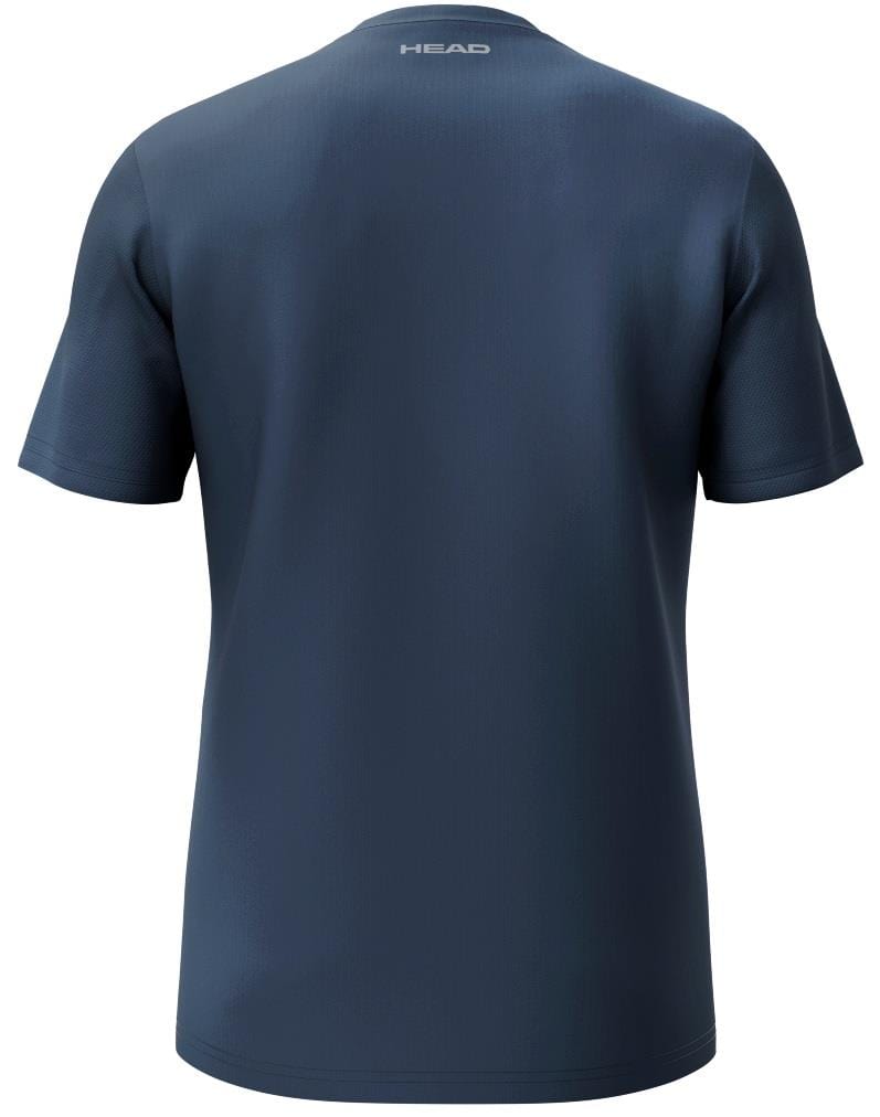 The HEAD Club Tech 25 Men's Padel T-Shirt in navy features a plain back with "HEAD" near the collar. Its Moisture Transfer Microfiber fabric offers enhanced breathability and comfort, making it smooth and slightly glossy—perfect for sports enthusiasts.