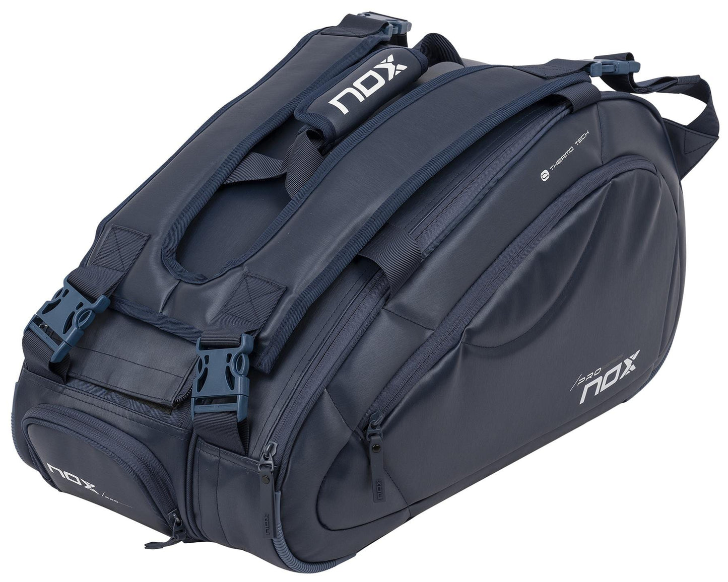 The NOX Pro Series Padel Racket Bag - Blue features multiple zipped compartments, sturdy handles, ThermoTech protection for rackets, and has the NOX brand name in white on the top and side.