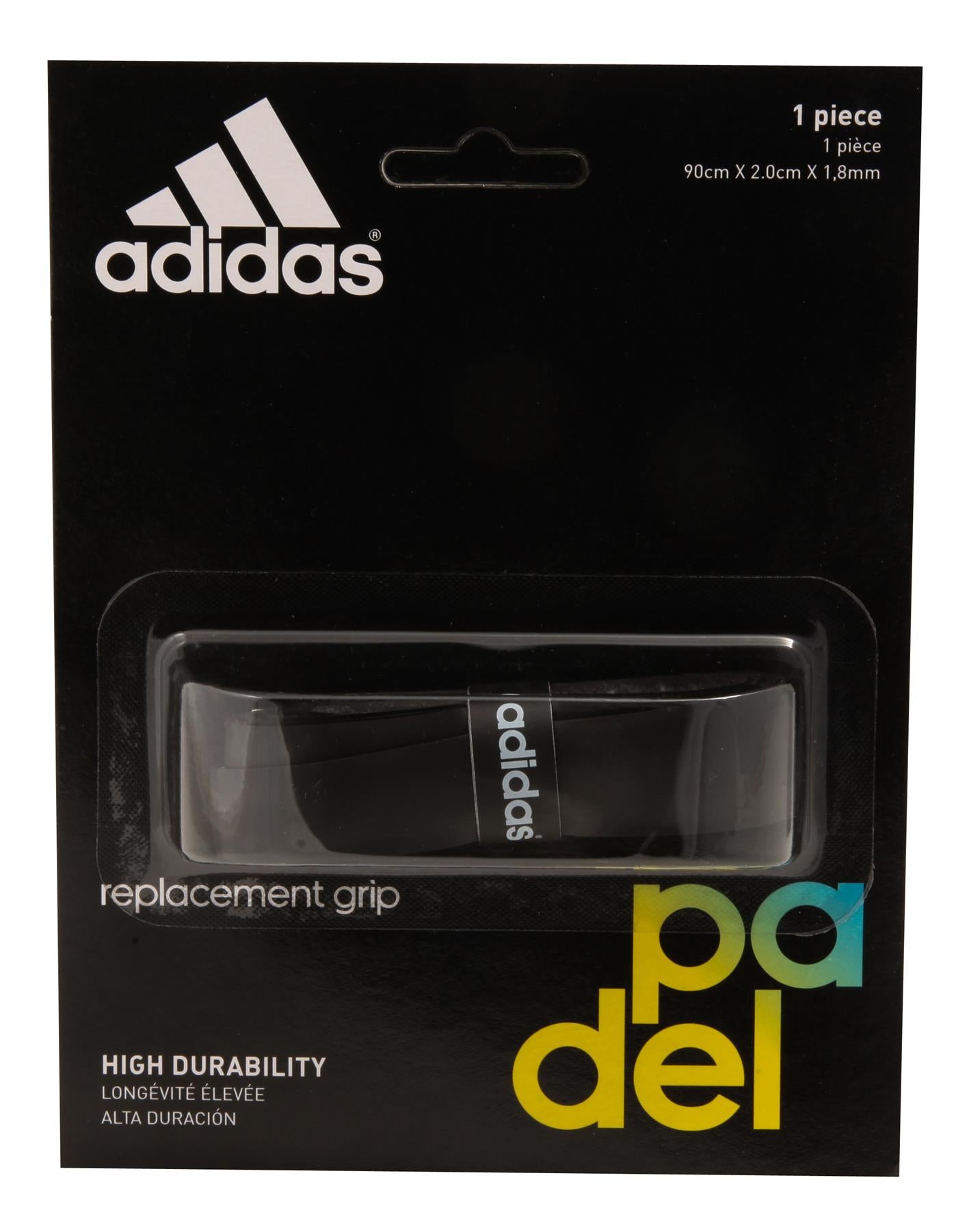 The ADIDAS Replacement Padel Grip in black features a sleek design labeled "High Durability," with the iconic adidas logo at the top and vibrant multicolored text that emphasizes its superior grip quality.