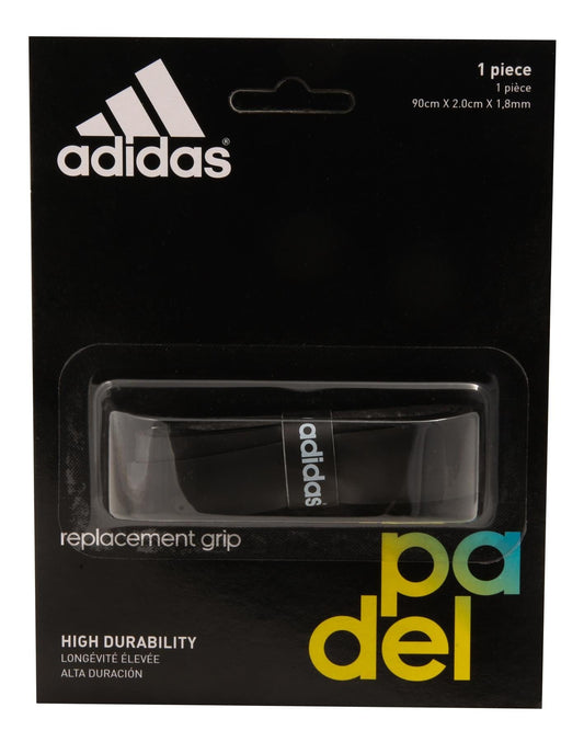 The ADIDAS Replacement Padel Grip in black features a sleek design labeled "High Durability," with the iconic adidas logo at the top and vibrant multicolored text that emphasizes its superior grip quality.